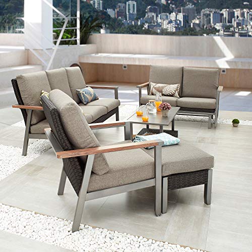 Festival Depot 5pcs Patio Conversation Set Wicker Chair All Weather Rattan Glider Loveseat Ottoman 3-Seater Sofa with Grey Thick Cushion and Coffee Table in Metal Frame Outdoor Furniture