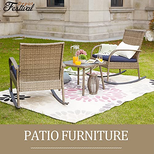 Festival Depot 3 Piece Bistro Set 2 Wicker Rocking Chairs with Cushions in Metal Frame Outdoor Rattan Furniture with Side Glass Coffee Table for Balcony Porch Lawn