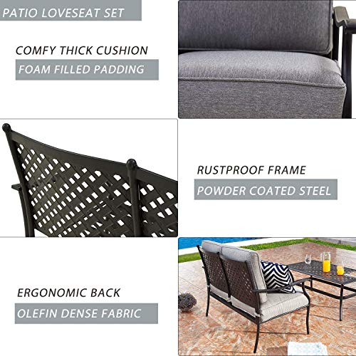 Festival Depot 2Pcs Patio Loveseat Set with Thick Cushions and Coffee Table Outdoor Metal Frame Seating Bench for Garden Bistro, Beige