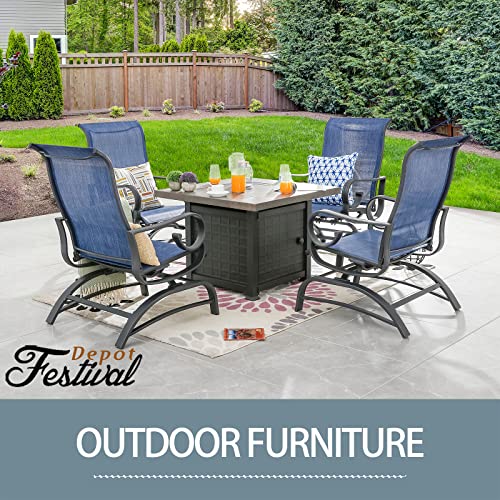 Festival Depot 5Pcs Patio Fire Pit Table Set, Outdoor Furniture Conversation Set, Propane Square Table and 4 Armchairs with High Textilene Back and Metal Frame for Backyard Porch Deck Garden (Blue)