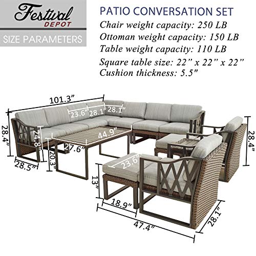 Festival Depot 13Pc Outdoor Furniture Patio Conversation Set Sectional Corner Sofa Chairs All Weather Wicker Ottoman Metal Frame Slatted Coffee Table with Thick Grey Seat Back Cushions Without Pillows