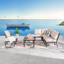 Festival Depot 9 Pieces Patio Conversation Set Sectional Sofa Corner Armchair Ottoman with Thick Cushions and Coffee Table All Weather Metal Outdoor Furniture for Deck Garden, Beige