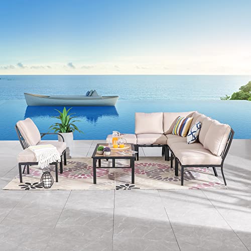 Festival Depot 9 Pieces Patio Conversation Set Sectional Sofa Corner Armchair Ottoman with Thick Cushions and Coffee Table All Weather Metal Outdoor Furniture for Deck Garden, Beige