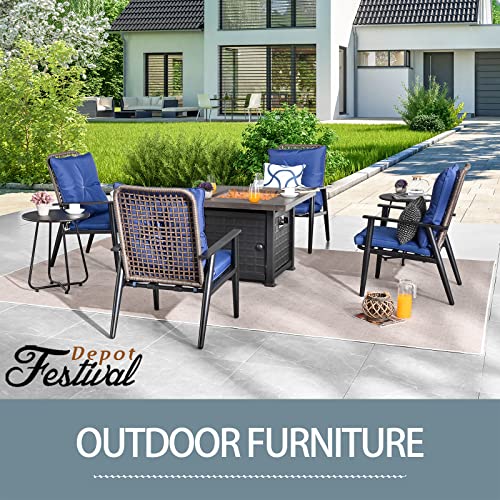 Festival Depot 7 Pcs Outdoor Fire Pit Table Set, Patio Conversation Set, Square Propane Gas Table, 4 PE Wicker Armchairs w/Cushions and 2 Side Table Metal Furniture (Blue)