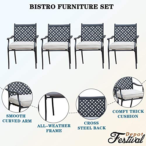 Festival Depot 5 Piece Outdoor Dining Set Wrought Iron Patio Metal with 4 Armchair Include Cushions and Round Black Table with 2.04" Umbrella Hole for Deck Lawn Garden Poolside Backyard (Beige)