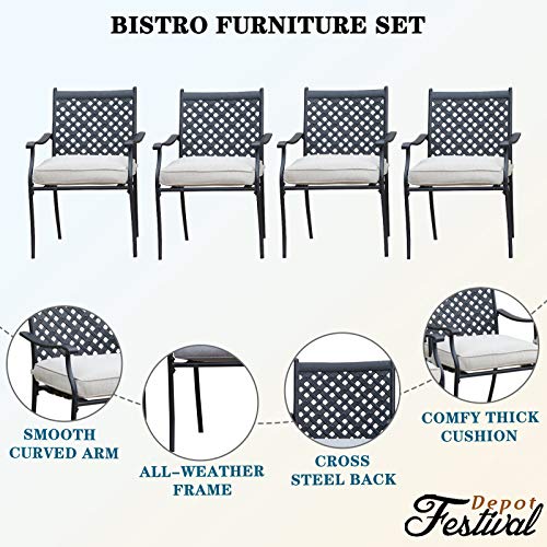 Festival Depot 4 Piece Outdoor Patio Dining Chairs Set Wrought Iron with Arms and Cushions for Porch Lawn Garden Balcony Pool Backyard Deck (Beige)