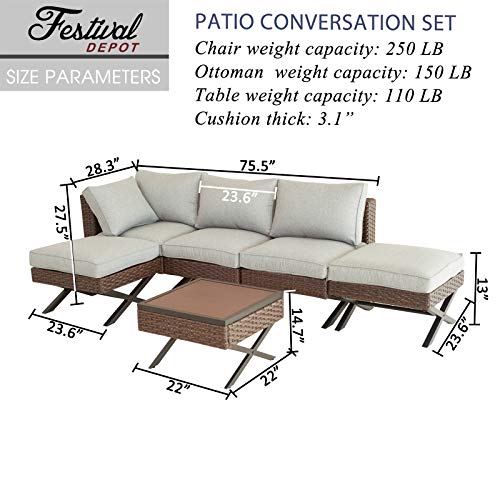 Festival Depot 6pcs Outdoor Furniture Patio Conversation Set Sectional Corner Sofa Chairs with X Shaped Metal Leg All Weather Brown Rattan Wicker Ottoman Side Coffee Table with Grey Seat Back Cushions