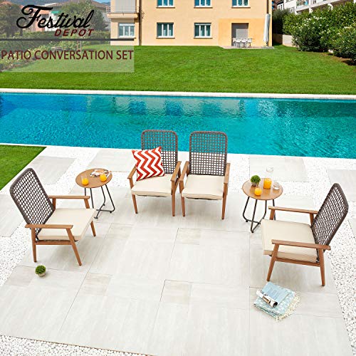 Festival Depot 6 Pieces Patio Outdoor Furniture Conversation Set with Metal Side Coffee Side Table Wooden-Color Steel Wicker Weaving Mesh Back Armchair with Cushions (Khaki)