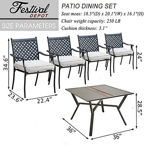 Festival Depot 5 Piece Patio Furniture Set 4 Outdoor Wrought Iron Dining Chairs with Thick Seat Cushions and Square Metal Table with 2.16" Umbrella Hole for Garden Yard Deck