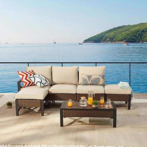 Festival Depot 6 Pcs Patio Outdoor Furniture Conversation Set Sectional Sofa with All-Weather Brown PE Rattan Wicker Back Chair, Coffee Table, Ottoman and Soft Thick Removable Couch Cushions