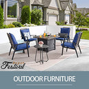 Festival Depot 7 Pcs Outdoor Fire Pit Table Set, Patio Conversation Set, Square Propane Gas Table, 4 PE Wicker Armchairs w/Cushions and 2 Side Table Metal Furniture (Blue)