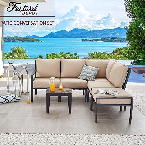 Festival Depot 6-Pieces Patio Outdoor Furniture Conversation Sets Sectional Corner Sofa, All-Weather Black X Slatted Back Chairs with Coffee Table and Thick Soft Removable Couch Cushions (Beige)