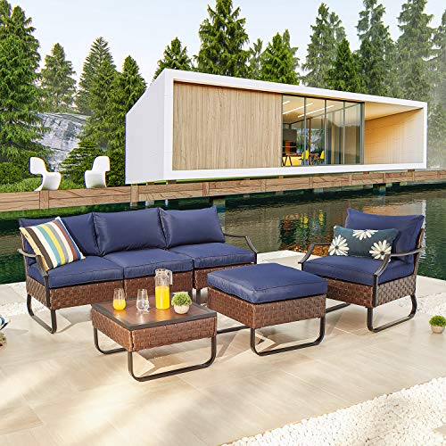 Festival Depot 6-Piece Patio Furniture Armchair Conversation Set Outdoor All-Weather Metal Chairs with Coffee Table and Ottoman for Porch Lawn Garden Balcony Pool Backyard, Soft Blue Cushions