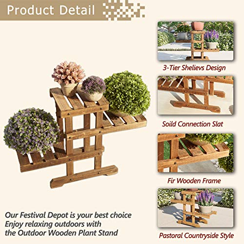 Festival Depot 3-Tier Outdoor Wooden Plant Stand Flower Pot Holder Shelf Indoor Plant Display Rack for Patio Deck Lawn