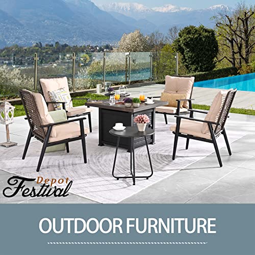Festival Depot 7 Pieces Outdoor Fire Pit Table Set, Patio Conversation Set, Square Propane Gas Table, 4 PE Wicker Armchairs w/Cushions and 2 Side Table Metal Furniture (Beige)