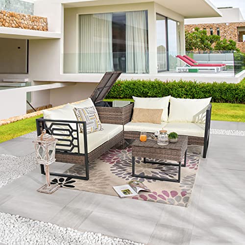 Festival Depot Patio Conversation Set, PE Wicker Four-Seater Corner Conjoined Storage Box Sofa Set, All-Weather Outdoor Furniture with Cushions Rattan Coffee Table for Backyard Garden Indoor (Beige)