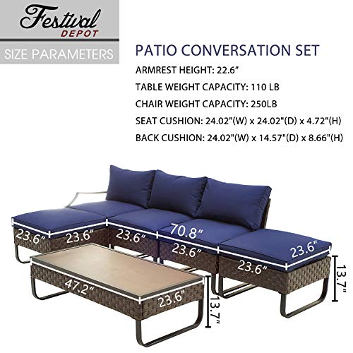 Festival Depot 6 Pieces Patio Conversation Sets Outdoor Furniture Sectional Sofa with All-Weather PE Rattan Wicker Back Chair, Coffee Table, Ottoman and Thick Soft Removable Couch Cushions (Blue)