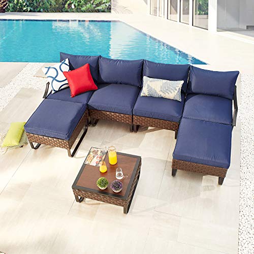 Festival Depot 7 Pieces Patio Conversation Sets Outdoor Furniture Sectional Sofa, All-Weather PE Rattan Brown Wicker Back Chair with Coffee Table, Ottoman and Thick Soft Removable Couch Cushions(Blue)