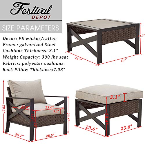 Festival Depot 5 Pieces Patio Outdoor Conversation Brown Wicker Rattan Chairs Cushions Ottomans Set Coffee Square Table Black Classic Metal Frame Furniture Garden Bistro Seating with Cushions