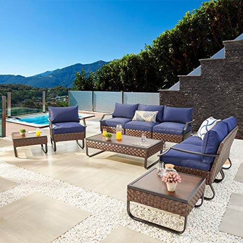 Festival Depot 10 Pcs Patio Conversation Sets Outdoor Furniture Sectional Sofa Loveseat with All-Weather PE Rattan Wicker Chair Coffee Table and Soft Removable Couch Cushions(Blue)