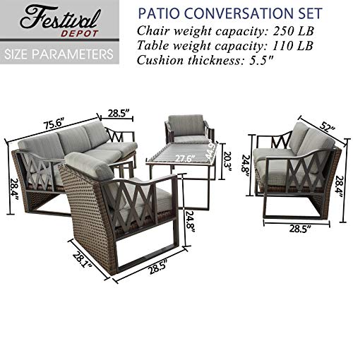 Festival Depot 8pcs Outdoor Furniture Patio Conversation Set Sectional Sofa Chairs All Weather Brown Wicker Ottoman Slatted Coffee Table with Thick Grey Seat Back Cushions, Black