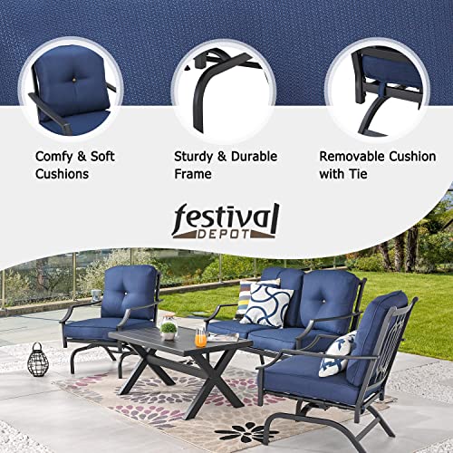 Festival Depot 4 pc Conversation Set Patio Outdoor ArmChairs Loveseat Set with Coffee Table Fabric Metal Frame Furniture Garden Bistro Seating Thick Soft Cushions