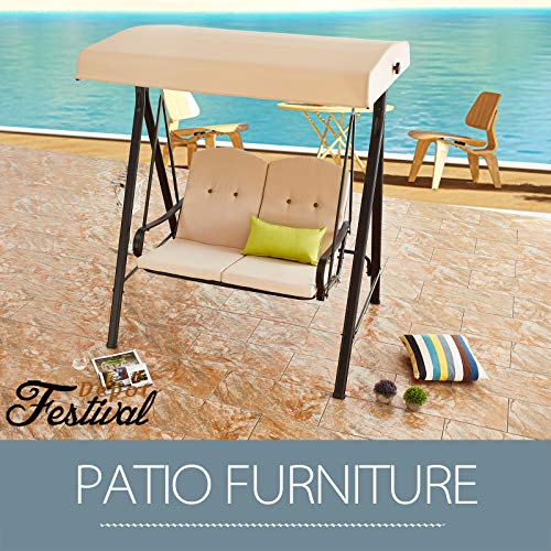 Festival Depot 2-Seats Outdoor Patio Swing Glider Chair with Adjustable Convertible Canopy Hanging Furniture, Removable Thick Cushions, Weather Resistant Steel Frame for Balcony Poolside Deck (Khaki)