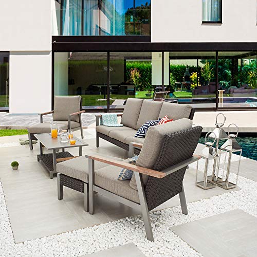 Festival Depot 6pcs Patio Conversation Set All Weather Metal Armchair Rattan Wicker Ottoman 3-Seater Sofa with Grey Thick Seat Back Cushions and Coffee Table Outdoor Furniture for Garden Deck