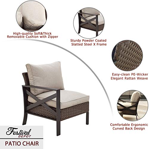 Festival Depot Outdoor Patio Bistro Dining Chair Right Armrest Sofa with X-Shaped Armrest Chair Wicker Rattan with Thick Soft Cushion with Steel Frames for Garden Yard Poolside