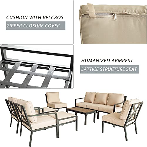Festival Depot 10-Pieces Patio Outdoor Furniture Conversation Sets Loveseat Sectional Sofa, All-Weather Black X Slatted Back Chair with Coffee Table and Removable Couch Cushions (Beige)