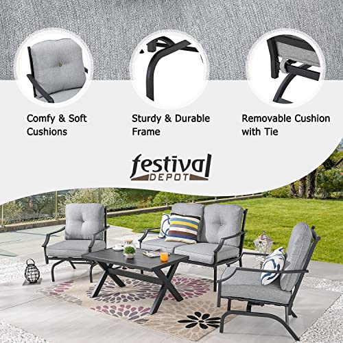 Festival Depot 4 pc Conversation Set Patio Outdoor ArmChairs Loveseat Set with Coffee Table Fabric Metal Frame Furniture Garden Bistro Seating Thick Soft Cushions