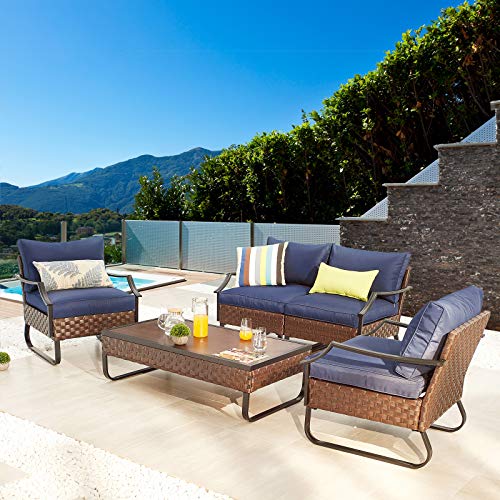 Festival Depot 5-Piece Patio Dining Furniture Outdoor Armchair Combination Conversation Set All-Weather Coffee Table with U Shaped Steel Leg for Porch Lawn Garden Balcony Pool Backyard, Brown