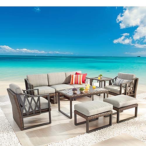 Festival Depot 9pcs Outdoor Furniture Patio Conversation Set Sectional Sofa Chairs All Weather Brown Wicker Ottoman Slatted Coffee Table End Table with Thick Grey Seat Back Cushions, Black