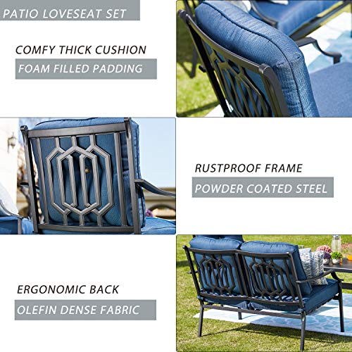Festival Depot 4 pc Conversation Set Patio Outdoor ArmChairs Loveseat Set with Coffee Table Fabric Metal Frame Furniture Garden Bistro Seating Thick Soft Cushions