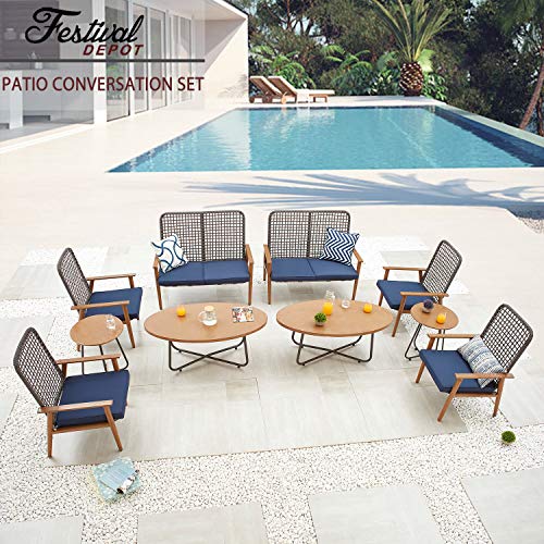 Festival Depot 10 Pieces Patio Outdoor Furniture Conversation Set with Metal Side Coffee Side Table Wooden-Color Steel Wicker Weaving Mesh Back Armchair with Cushions (Blue)