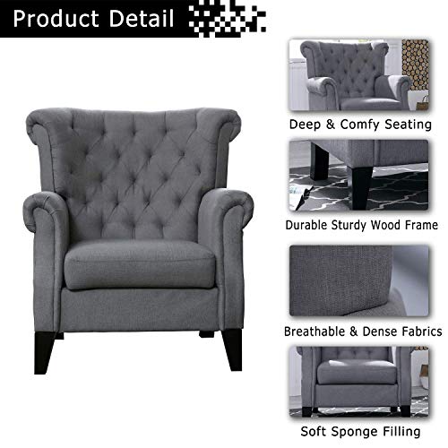 Festival Depot 1 Piece Indoor Modern Fabric Furniture Accent Arm Chair Single Sofa for Living Room Bedroom with Hand-Crafted Button Tufting Details and Thick Cushions,29.3" x 28.7" x 39.6"