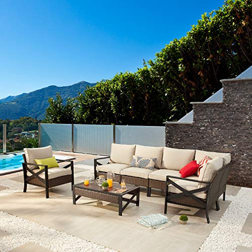 Festival Depot 7 Pcs Patio Outdoor Furniture Conversation Set Sectional Corner Sofa with All-Weather Brown Wicker Back Chair, Coffee Side Table, Ottoman and Soft Thick Removable Couch Cushions