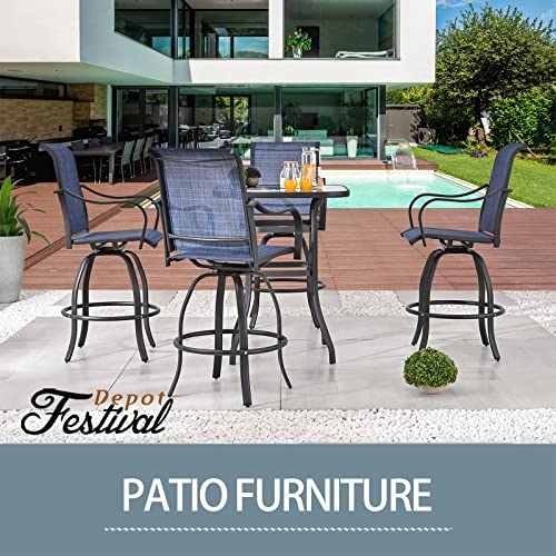 Festival Depot 5 Pcs Patio Bistro Set 360° Swivel Chairs and Bar Height Table with Tempered Glass Top Outdoor Furniture Dining Set (4 Chairs,1 Table) (Blue)