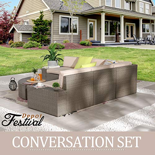 Festival Depot 6Pcs Outdoor Furniture Patio Conversation Set Sectional Rattan PE Wicker Sofa Set Corner Armless Chair Including Seat and Back Cushions with Washable Cover and Coffee Table