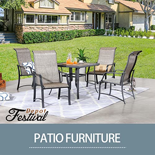 Festival Depot 5Pcs Patio Dining Set of 4 High Back Chairs with Textilene Fabric and 1 Square Metal Table with Wood-Like DPC Tabletop and Curved Steel Legs for Backyard Deck Garden, Grey