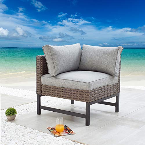 Festival Depot Dining Outdoor Patio Bistro Furniture Left Armrest Chair with Wicker Rattan Armrest Premium Fabric Comfort&Soft 3.1" Cushion with Metal Slatted Steel Leg for Garden Poolside All-Weather