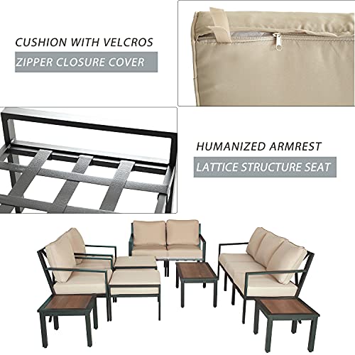 Festival Depot 12-Pieces Patio Outdoor Furniture Conversation Sets Loveseat Sectional Sofa, All-Weather Black X Slatted Back Chair with Coffee Table and Thick Removable Couch Cushions (Beige)