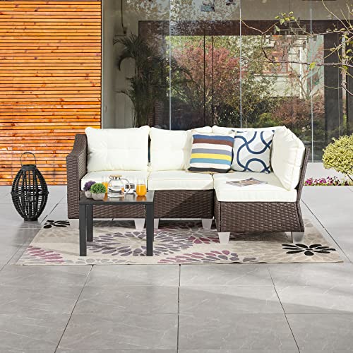 Festival Depot 5 Pcs Patio Conversation Set Outdoor Furniture Combination Sectional Sofa All-Weather PE Wicker Metal Armchairs with Seating Back Cushions Side Coffee Table (Beige)