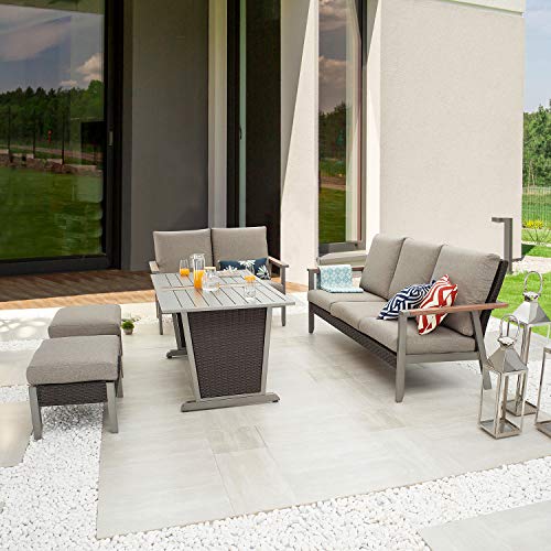 Festival Depot 5pcs Patio Conversation Set Metal Armchair All Weather Wicker Loveseat Ottoman 3-Seater Rattan Sofa with Grey Thick Cushions Dining Table Outdoor Furniture for Deck Poolside