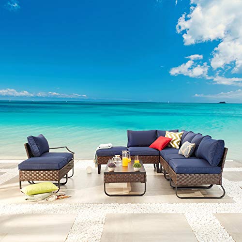 Festival Depot 9 Pcs Patio Conversation Sets Outdoor Furniture Sectional Corner Sofa with All-Weather PE Rattan Wicker Chair Coffee Table and Thick Soft Removable Couch Cushions (Blue)