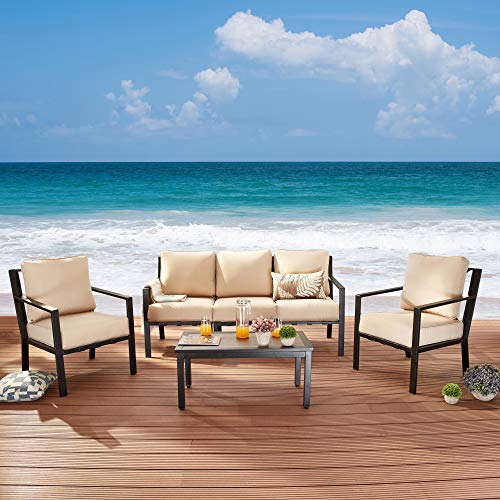 Festival Depot 6 Pieces Patio Conversation Set Sectional Sofa Chairs with Thick Cushions and Coffee Table Outdoor Furniture for Deck Garden Backyard (Beige)