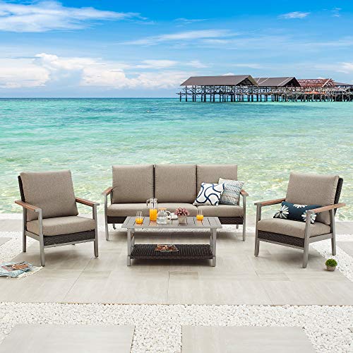 Festival Depot 4 Pieces Patio Outdoor Conversation Chairs Loveseat Set with Coffee Rectangle Table Metal Frame Furniture Garden Bistro Seating Thick Soft Cushions