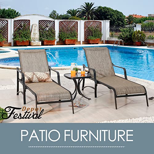 Festival Depot Patio Bistro Outdoor Chaise Lounge Chair Set Textilene Furniture Metal Adjustable Back Curved Armrest with Glass Desktop Coffee Side Table for Porch Yard Garden
