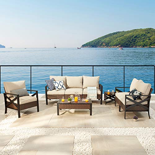 Festival Depot 8 Pcs Patio Outdoor Furniture Conversation Set Sectional Sofa with All-Weather Brown PE Rattan Wicker Back Chair, Coffee Side Table and Soft Thick Removable Couch Cushions