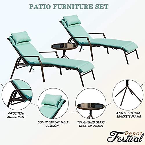 Festival Depot 3Pcs Patio Chair Set of 2 Adjustable Chaise Lounges with with Removable Cushions Pillows and Side Table Outdoor Furniture for Poolside Garden, Light Blue